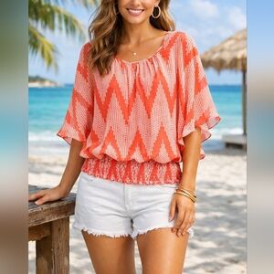 ✨️4/$20, BCX Coral Chevron Batwing Blouse with Smocked Waist, Small